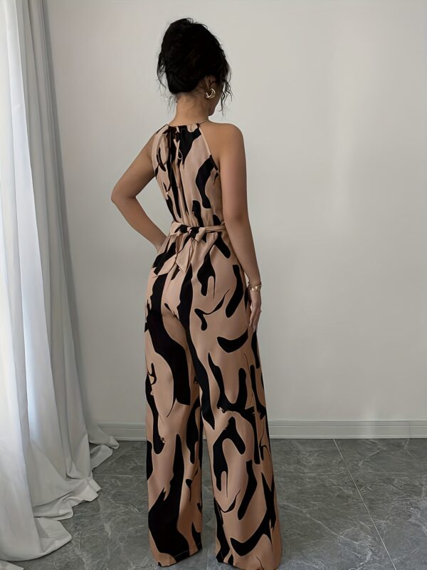 Women'S Elegant Halter Neck Jumpsuit with Tie Waist & Wide-Leg Print - Brown & Black Geometric Pattern, Sleeveless Ruched Design for Vacation & Casual Wear, Vacation Outfit, Stylish Backless, Comfortable Fit - Image 3