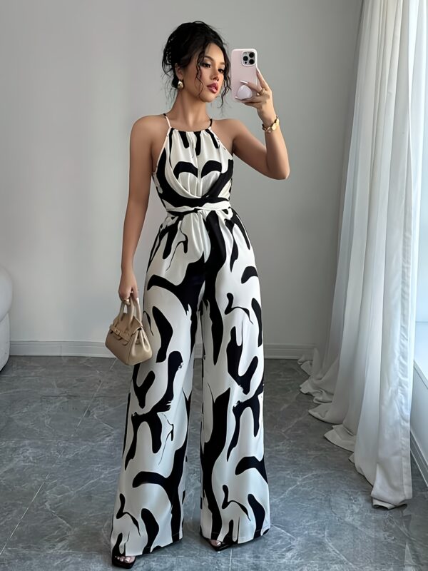 Women'S Elegant Halter Neck Jumpsuit with Tie Waist & Wide-Leg Print - Brown & Black Geometric Pattern, Sleeveless Ruched Design for Vacation & Casual Wear, Vacation Outfit, Stylish Backless, Comfortable Fit - Image 2