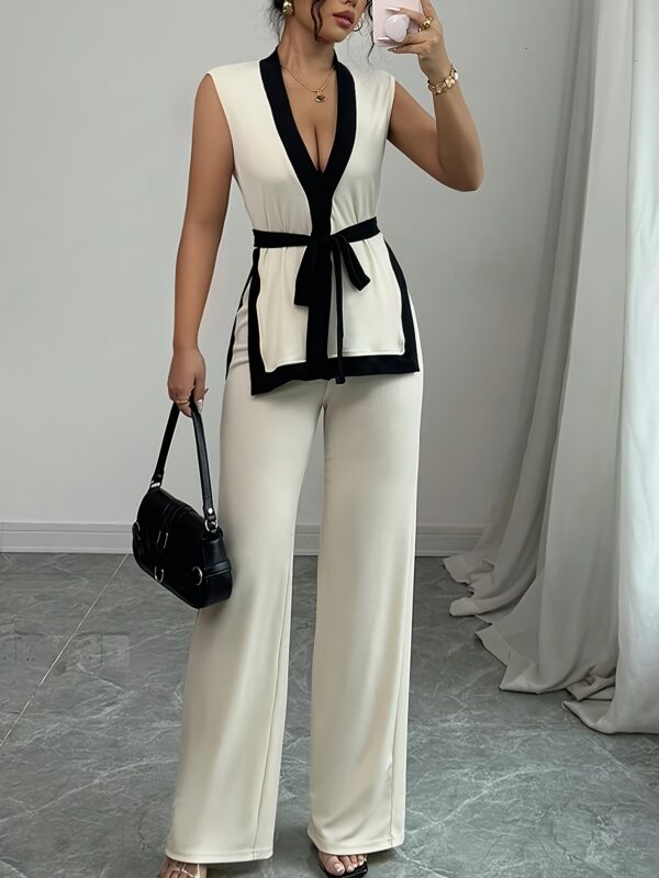 2pcs Elegant Women'S Sleeveless Crop Top & Wide-Leg Pants Set - Black & White Contrast, V-Neck Waistcoat with Belt, Perfect for Spring/Summer, Stylish Accessories|Contrast Detailing|Vneck Top, Ladies Fashion