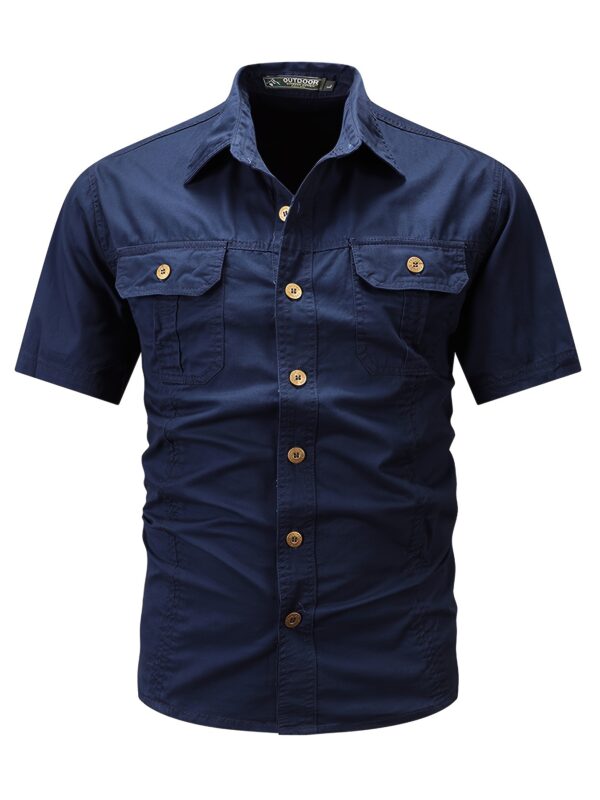 Men'S Summer Casual Short-Sleeve Shirt, 100% Cotton, Solid Color, Lapel Collar, Regular Fit, Woven Fabric, 170gsm, with Pockets, for Outdoor Hiking & Daily Wear - Image 3