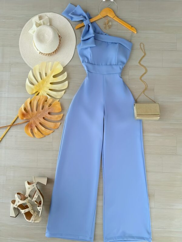 Women's Light Blue Single Shoulder Bow Wide-Leg Jumpsuit - Elegant Summer Beachwear with Adjustable Straps, Solid Color Non-Stretch Fabric for Casual Outings & Vacation Essentials, Beach Dress, Stylish Leisurewear, Smooth Texture