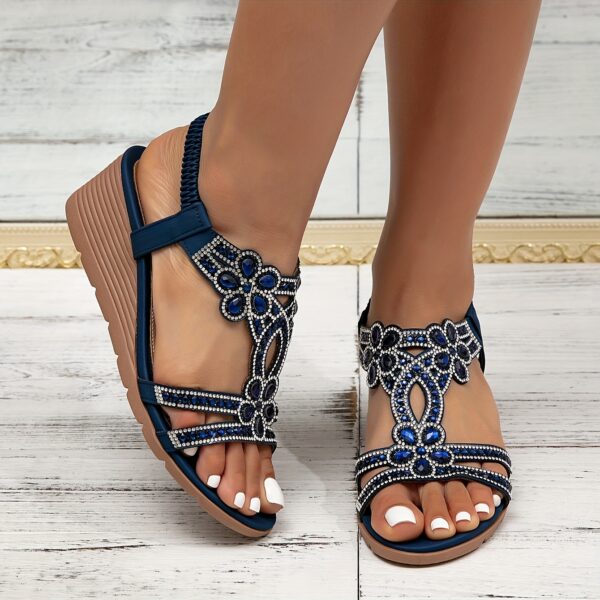 Vibrant Comfort | Bohemian Style Women's Rhinestone Wedge Sandals, Open Toe Platform Heel with Elastic Strap, Summer Beach Music Festival Slip-On Shoes, Man-Made Upper/Inner/Insole, TPR Sole, Beach Sandals | Toe Post Sandals | Decorative Sandals - Image 11