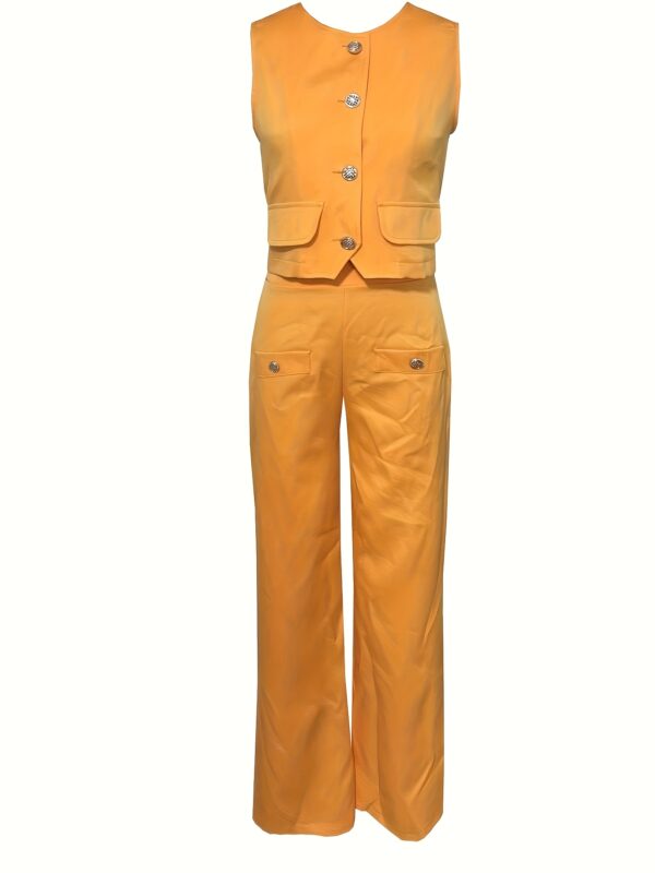 Women'S Mustard Yellow Sleeveless Jumpsuit with Button Details - Stylish Wide-Leg Pants, Polyester Fabric, Perfect for Casual or Formal Events, Casual Attire | Stylish Jumpsuit | Polyester Jumpsuit - Image 9