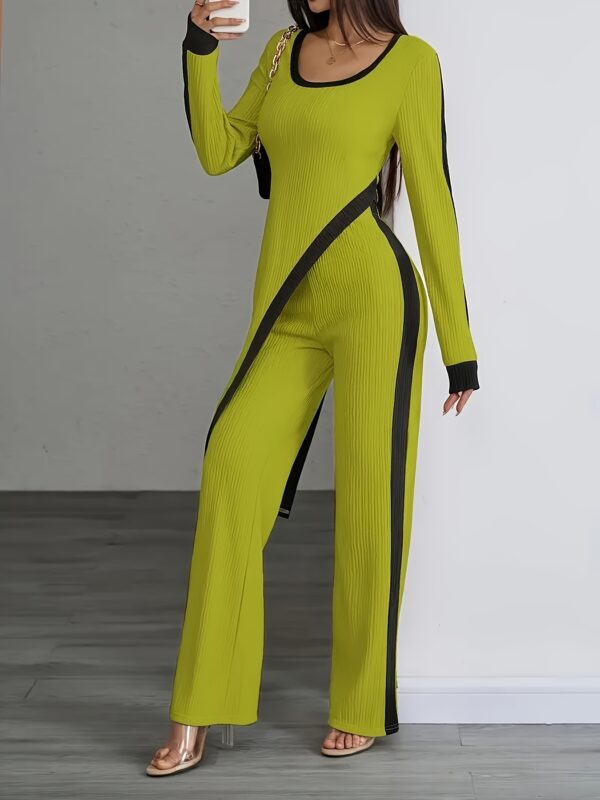 Women'S Elegant Black and White Striped Long Sleeve Jumpsuit with Wide Legs - Polyester, Asymmetrical Design, Perfect for Spring/Fall, Casual to Formal Wear, Casual Attire|Asymmetrical Jumpsuit|Polyester Fabric - Image 3