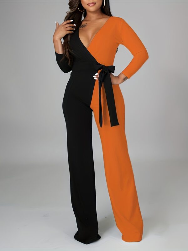 Women's Elegant Long Sleeve V-Neck Color-Block Jumpsuit - Adjustable Tie Waist Wide-Leg Romper, Black to Yellow Ombre, Machine Washable All-Season Vacation & Casual Outfit, Ladies Rompers And Jumpsuits, Sophisticated Design - Image 5