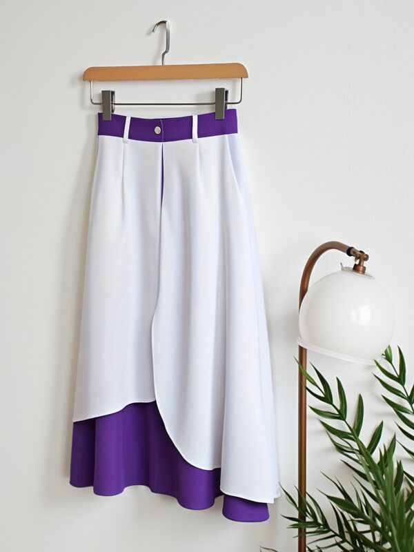 Elegant Purple and White Checkered High-Waist Skirt for Women - Long, Flared Design with Belt Loops, All-Season Fashion, A-Line Fit, Stylish Office Attire|Classy Skirt|Flared Hemline, Plus Size Skirt - Image 5