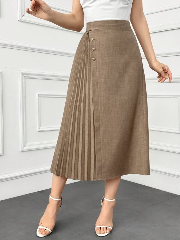 Elegant Dark Blue Pleated Midi Skirt with Front Button Detail - High-Waisted, Non-Stretch Polyester Blend for Women - Perfect for Spring & Summer Office or Casual Wear, Spring Attire | Highwaisted Skirt | Smooth Appearance