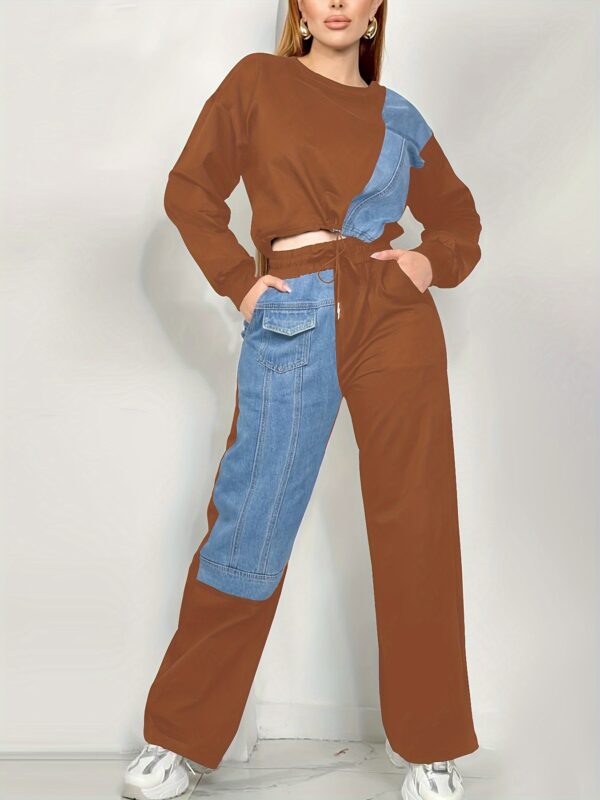 Women'S Casual Patchwork Jumpsuit - Gray & Blue, Long Sleeve, Crew Neck, Pockets, Perfect for Vacation, Outdoor, Home, Dance Party, Holiday Style, Holiday Casual Wear | Trendy Casualwear | Stylish Jumpsuit - Image 5