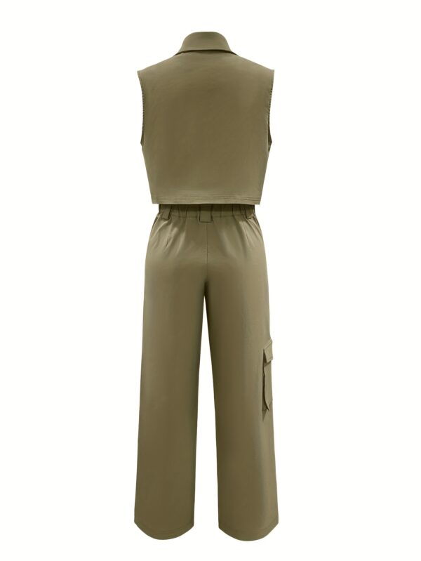 Stylish Solid Color Pocketed Collar Jacket/High Waist Loose Wide Leg Pants Casual Slim Fit Set - Image 3