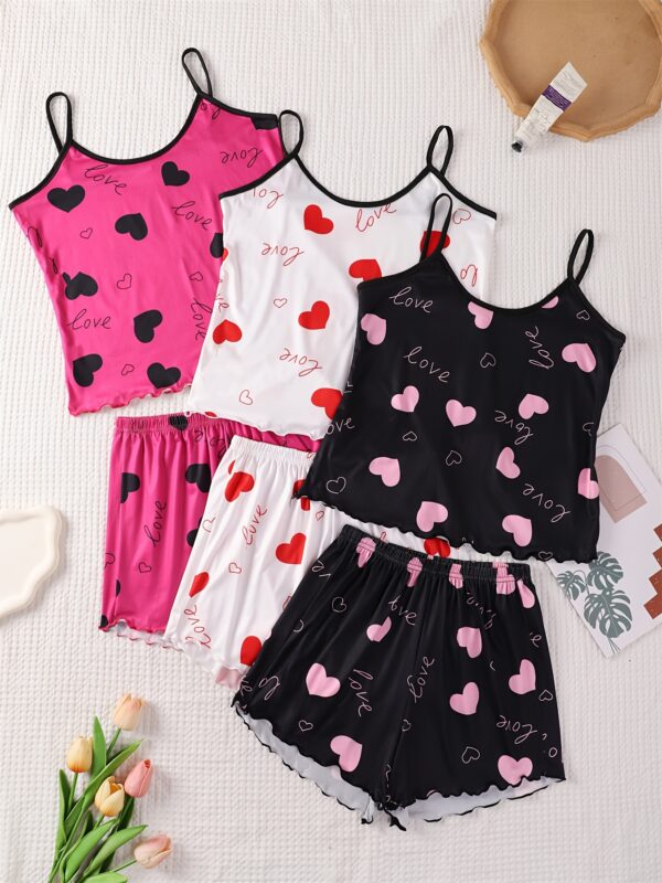 6pcs Women'S Pajama Set, Heart & Love Print, Sexy Spaghetti Strap Top with Shorts, Polyester Knit Fabric, All-Season Sleepwear for Adults