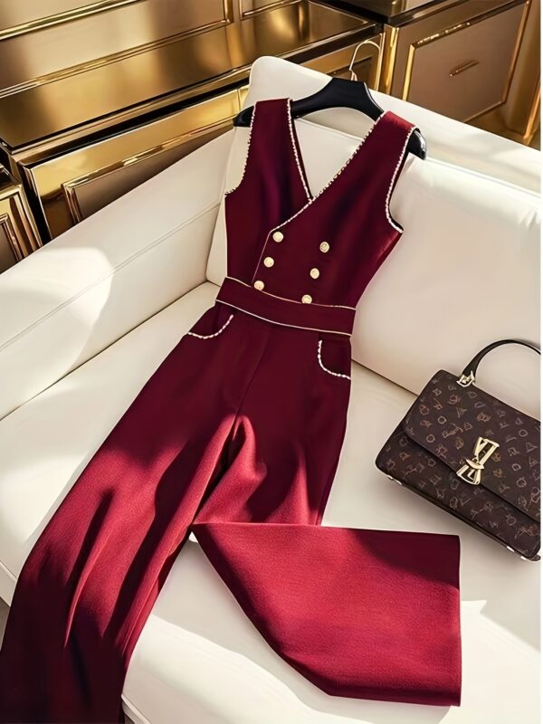 Elegant Red V-Neck Jumpsuit for Women - High Waist Wide Leg with Front Button Detail, All-Season Versatile Romper, Adult Fashion, Stylish Outfit, Quality Fabric