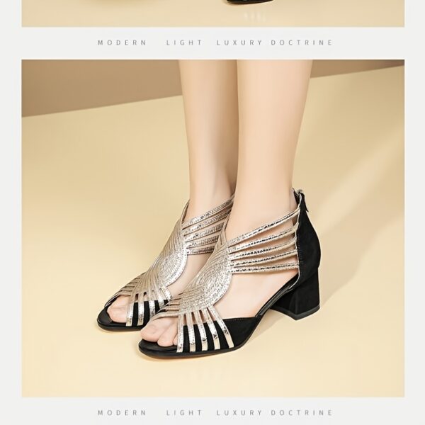 Women's Roman Gladiator Sandals - Chunky Mid-Heel Open-Toe Zipper Closure, Breathable PU Cover Strappy Ankle Strap for Spring, Casual & Formal Events - Image 3