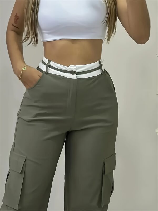 Women'S Loose Fit Casual Cargo Pants with Contrast Color Waist, Button and Zipper Closure, Side Pockets, Wide Leg Design, All-Season Wear, Straight Leg Trousers - Image 7