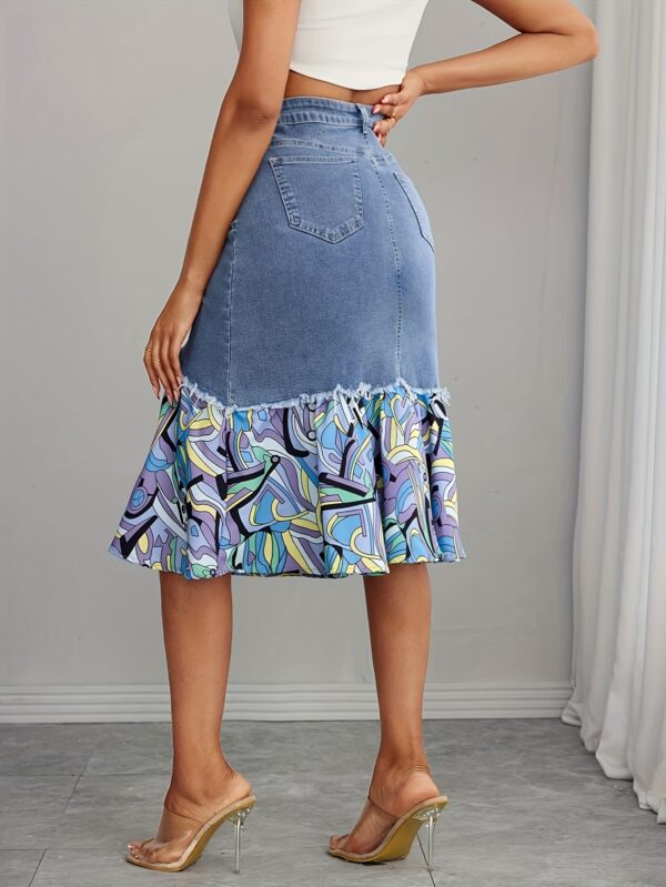 Vintage Stretch Denim Midi Skirt with Chiffon Overlay and Unique Asymmetrical Hem - Mid-Rise, Fishtail Design, Machine Washable - Light Blue to Dark Purple Gradient, Abstract Patterns, Spring/Summer/Fall Women’s Fashion, Fall Casual Wear | Comfortable Midrise - Image 2
