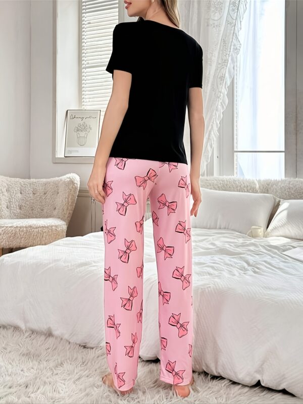 Women'S Casual Pajama Set, Polyester Bowknot Print Round Neck Short Sleeve Top & Long Length Pants, Butterfly Pattern, Crew Neck, Short Sleeve, All Season, Adult, 140g/㎡ Knit Fabric - Image 4
