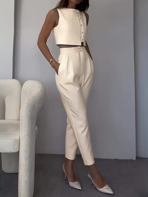 Elegant Beige Sleeveless Office Suit for Women - Chic Pants and Vest Combo with Button Details, Perfect for Summer Commute, Office Attire|Sleek Formal Attire|Smooth Texture Fabric - Image 5