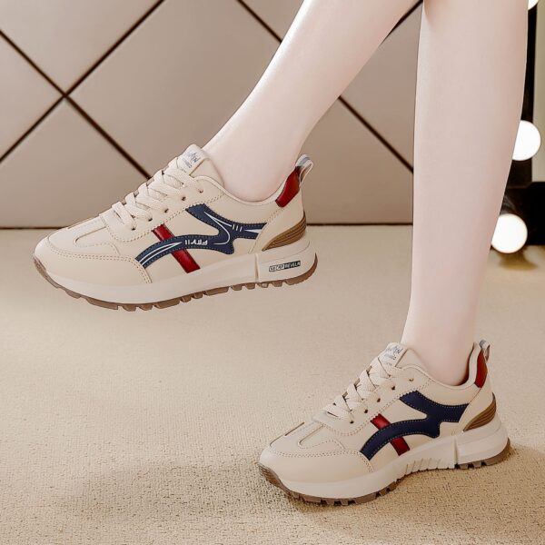 Women's Lightweight Running Sneakers - Casual Low-Top Lace-Up Shoes with Soft Non-Slip Rubber Sole, Beige with Blue & Red Stripes, Lightweight & Comfortable for All-Day Wear - Image 5
