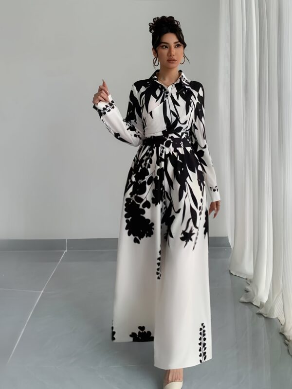 Women's leaf print shirt collar jumpsuit, long sleeve tie waist jumpsuit - Image 8