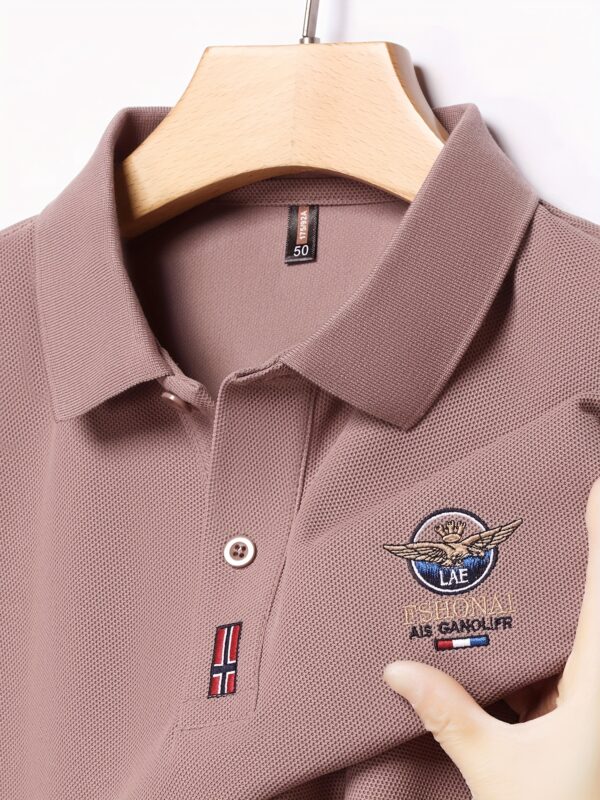 Men'S Casual Summer Short Sleeve Polo Shirt with Embroidered "LAE FSHONAI" Logo, Red & White Striped Patch, Lightweight & Breathable for Everyday Wear, Casual Attire|Embroidered Logo Shirt|Slight Stretch Fabric - Image 4
