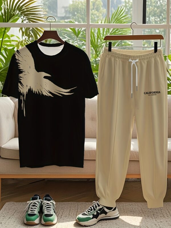 Two-Piece Set with Eagle Spread Wings Pattern Letter Print Short Sleeve Long Pants, Plus Size Men's Home Leisure Outdoor Sport Outfit, Comfortable Stretch Fabric, PLUS SIZE - Image 9