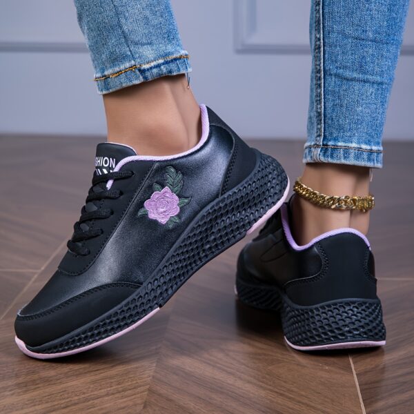 Women'S Black Sneakers with Pink Rose Embroidery - Lightweight, Soft Sole, Comfortable Lace-Up Low Top Sneakers, All-Season Outdoor Shoes, Stabilizing Support, Microfiber Leather Upper, EVA Sole, Fabric Lining, Allseason Sneakers | Rose Embroidery Sneakers | Comfortable Footwear - Image 5