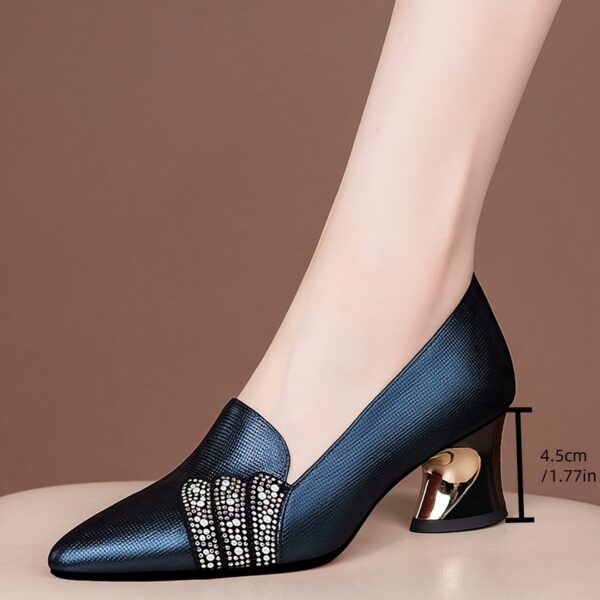 Women'S Elegant Deep Blue Pointed-Toe Block Heel Pumps with Sparkling Rhinestone Bow Detail - Mid-Heel Synthetic Cover Dress Shoes for Fall, Formal Events & Office Wear, Formal Footwear, Sophisticated Style, Durable Rubber Sole - Image 9