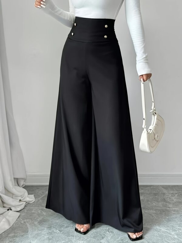 Women'S Elegant High-Waisted Tummy Control Black Wide Leg Pants, 100% Polyester, Solid Color, Woven Fabric, 200gsm, Slim Fit for Work & Office - All Seasons
