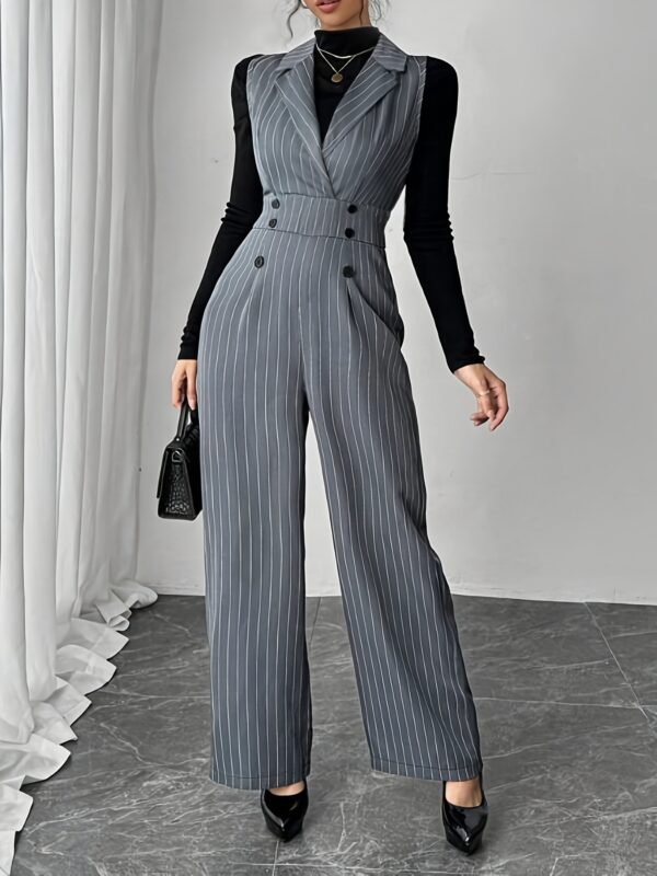 Elegant Striped Women'S Jumpsuit - Chic Criss Cross Neck, Button Detail, Long Sleeve, Straight Leg, Gray & White Pinstripe Pattern, Perfect for Summer Commute or Casual Outfits, Elegant Attire | Crisscross Neckline | Tailored Fit Jumpsui
