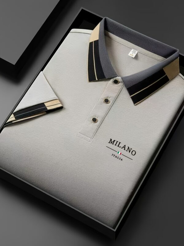 Men'S Lightweight Soft Polo Shirt with "MILANO ITALIA" Letter Print - Breathable Summer Casual & Business Wear, Regular Fit, Button-Up Collar, Perfect for Vacation & Everyday Use, Vacation Clothing, Stylish Contrast Design, Soft Fabric Shirt - Image 3