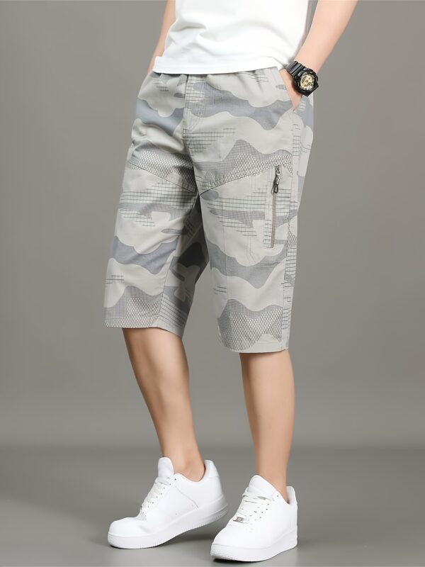 Men'S Casual Summer Shorts - Washed Cotton, Camouflage Print, Double Zipper Pockets, Elastic Waistband, Loose Fit, Cotton Short - Image 4