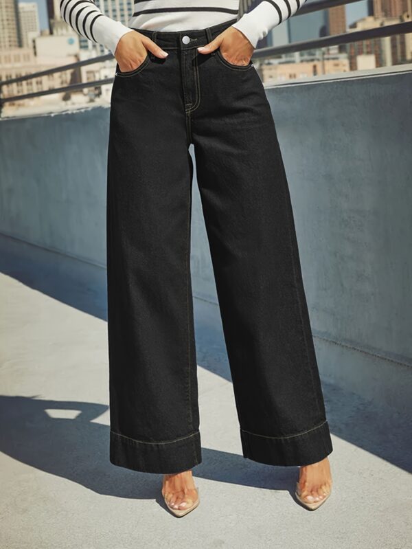 Women'S High Stretch Denim Wide Leg Jeans - Elegant Blue Washed Straight Leg, Mid Rise Comfort Trousers with Button Fly, Soft Breathable Fabric, Versatile Casual & Mature Style, Straight Leg Cut, Long Length Jeans | Classic Blue | High Elasticity Fabri - Image 6