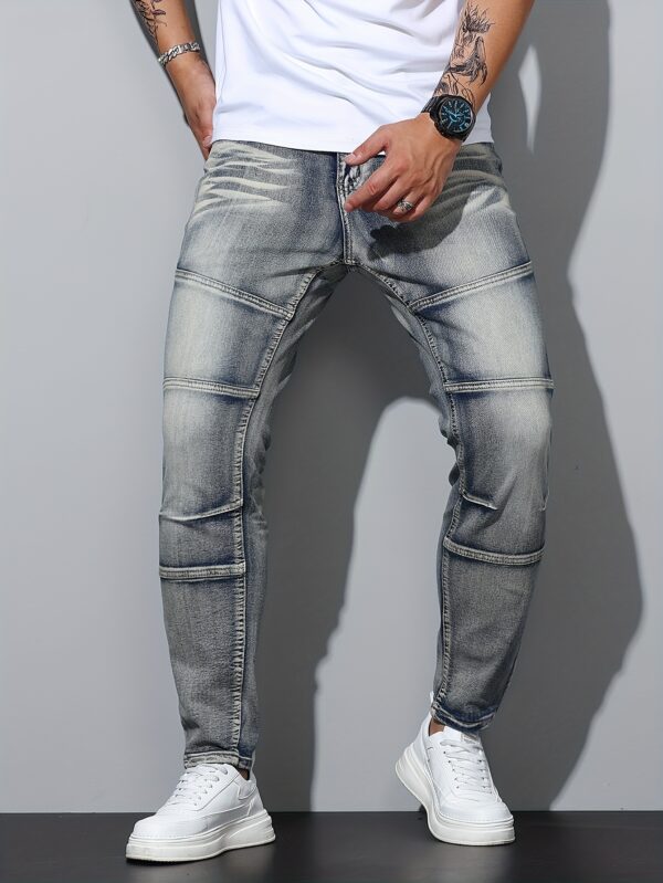 Men's Blue Stretch Denim Jeans - Regular Fit Streetwear Style with Mid-Stretch Comfort, Machine Washable, All-Season Casual Pants for Urban Fashion, Comfortable Fashion