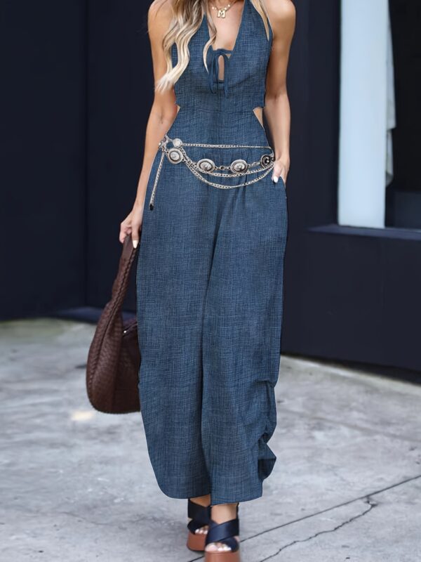 2025 New Style Off-Shoulder Women's Fashion Jumpsuit High-Waist Wide-Leg Hollow-Out Chic Summer Vacation Casual Outfit - Image 3