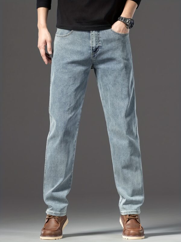 Men's Vintage Blue Loose-Fit Jeans - Classic Straight Denim with Stretch, Non-Transparent Geometric Pattern, All-Season Wear, Cotton/Elastane/Polyester Blend - Image 3