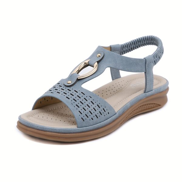 Women's Summer Wedge Heel Comfort Sandals - Metal Buckle, Perforated, Elastic Ankle Strap, Breathable, Daily Commute & Walking - Image 3
