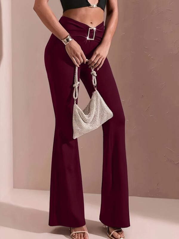 Women's High-Waisted Flared Pants with Elastic Waistband & Metal Chain Detail - Solid Color Stretchy Trousers for Casual Outings, All-Season Elegant Wide-Leg Trousers, High Waist Pants, Comfortable Fashion, Smooth Texture Fabric, Stylish Bottoms, Chic Fashion, Quality Stitching, Trendy Outfits - Image 19
