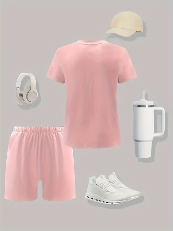 Women'S Plus Size Two-Piece Set - Casual Pink Short Sleeve T-Shirt & Black Shorts with Sparkling Heart Design, Geometric Pattern, All-Season Comfort, Casual Wear|Playful Print Top|Shorts - Image 9