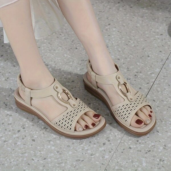 Women's Summer Wedge Heel Comfort Sandals - Metal Buckle, Perforated, Elastic Ankle Strap, Breathable, Daily Commute & Walking - Image 21