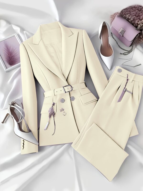 Elegant Solid Color Urban Commuting Suit for Women with Belt and Pants, Perfect for Spring/Summer, Includes Shoes and Clutch, Office Ready Attire|Sophisticated Style|Pocketed Pants - Image 7