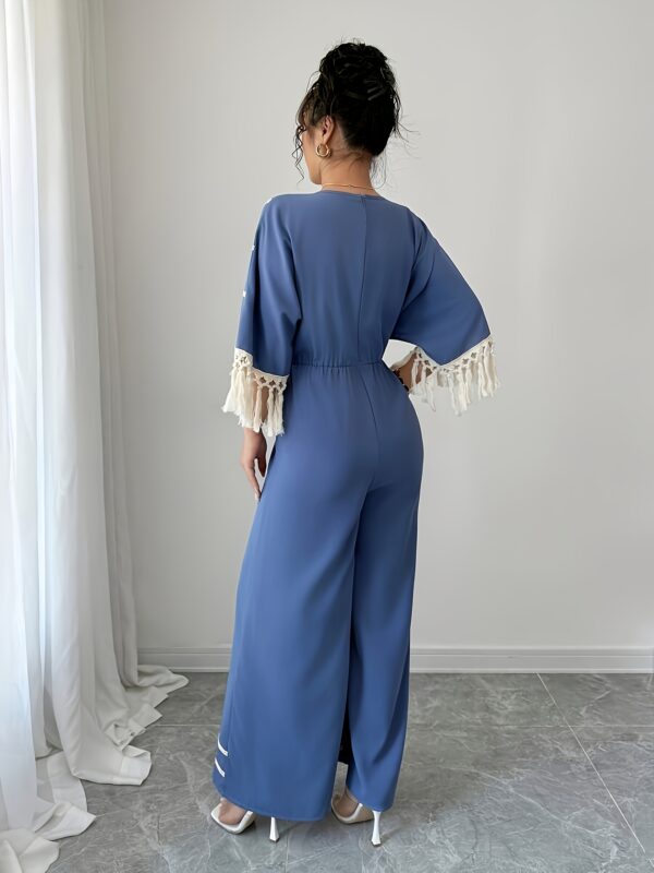 Women'S Elegant V-Neck Jumpsuit with Tassel Sleeves and Ruched Waist - Light Blue Summer Romper for Vacation or Casual Outings, Casual Summer Wear | Ruched Waist Design | Texture - Image 3