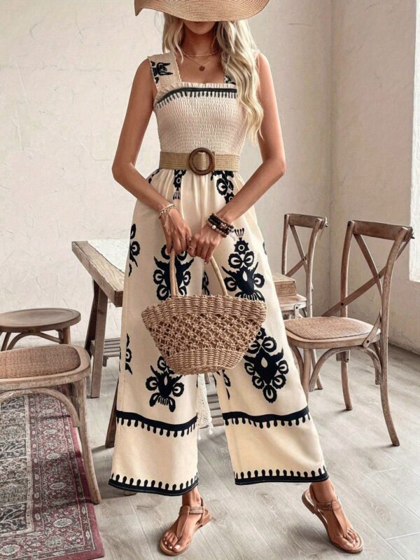 Women'S Casual Summer Jumpsuit - Square Neck, Wide Leg, Floral Print, Beige with Black Accents, Polyester, Perfect for Vacation and Leisure, Casual Summer Wear|Floral Print Jumpsuit|Polyester Fabric - Image 5