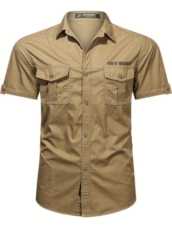 Men'S Cotton Solid Short Sleeve Shirt, Casual Lapel Collar Button Up Top with Multi Pockets, Summer Outdoor Leisure Wear - Image 3