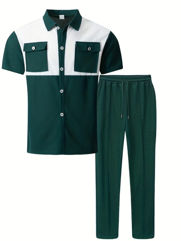 Men's Summer Two-Piece Set, Waffle Fabric Contrast Color with Pockets Short-Sleeved Shirt + Casual Trousers Suit, Leisure Light Business Vacation Daily Multiple Scenes - Image 8
