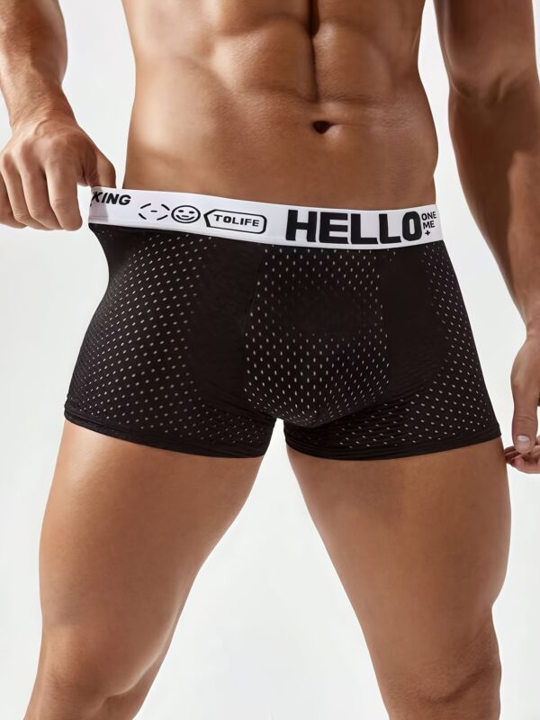 Pack of 10 Men's mesh flat corner underwear, hello letter waistband, solid color mesh hollow design, full sense of style, very breathable and comfortable, suitable for summer wear - Image 3
