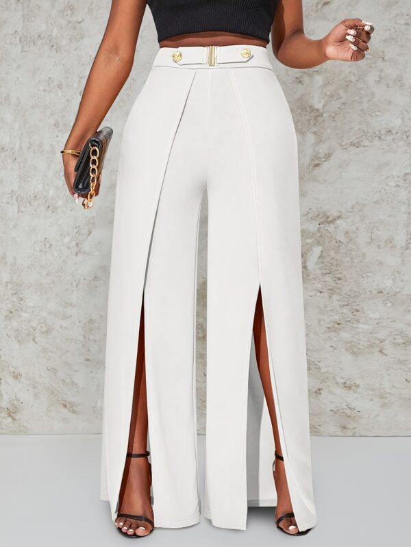 Women's High-Waist Wide Leg Pants | Elegant Black Polyester Blend | Double Side Slit with Metallic Button Detail | Loose Fit, Machine Washable | Ideal for Casual Outings | Spring/Autumn Collection, Spring Autumn Pants | Chic Slit Pants | Front Slit Pants - Image 4