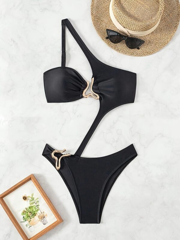 Women'S Stylish Black One-Piece Swimsuit with Golden Accents - High Stretch Knit Fabric, Perfect for Summer Beach and Pool Parties, Beach Swimsuit|Sexy Swimsuit|Stretchy Material - Image 2