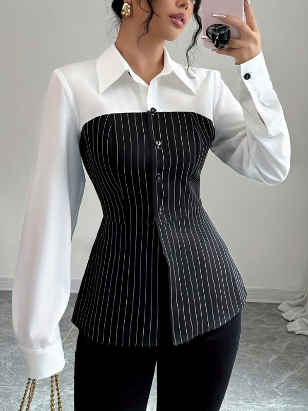 Women's Elegant 2-in-1 Striped Shirt with Classic Collar & Single-Breasted Button Front - Long Sleeve Slim Fit Blouse for Spring Summer Fall, Machine Washable Casual Office Wear, Versatile Fashion | Sophisticated Look | Nontransparent Fabric, Ladies Blouses - Image 5
