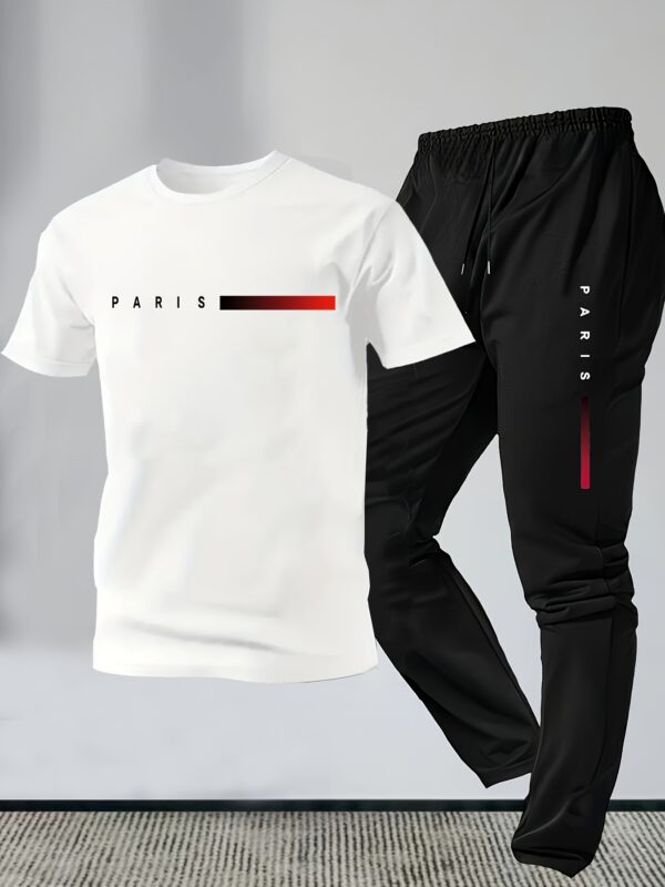 Men's Letter Print Short Sleeve Long Pants Loungewear Set - Image 9