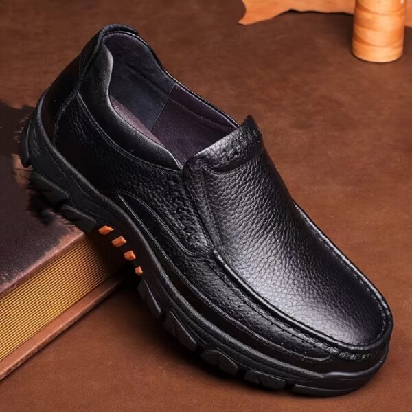 Men's Genuine Leather Slip-On Dress Shoes for Fathers Age 40-50 - Slip-Resistant Rubber Sole, Round Toe Comfort, All-Season Casual & Business Casual Shoes (Brown, Size Up to 50), Versatile Footwear | Side Zipper Design | Durable Footwear - Image 2