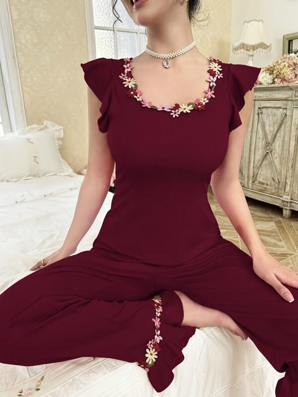 Simple Sweet Fashion Square Neck Embroidered Colorful Small Flower Top and Pants Ruffle Hem Embroidered Flower Two-Piece Pajama Set for Home - Image 13